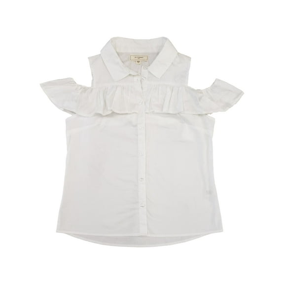 Womens White Cotton Cold Shoulder Ruffle Short Sleeve Dress Shirt Top Blouse L