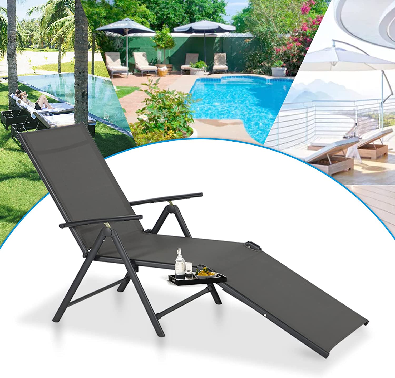 AECOJOY Outdoor Chaise Lounge Chair, Adjustable Textile Reclining Folding Pool Lounge, Gray - image 4 of 7