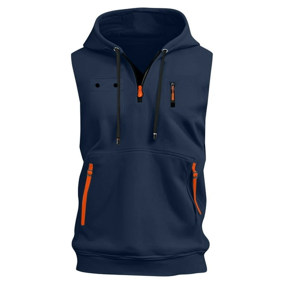 Evdexr Mens Zip Up Sleeveless Hoodies Workout Solid Drawstring Sweatshirt Hooded Muscle Summer T Shirts Cut Off Bodybuilding 2025 Tanks with Pocket Navy 3XL