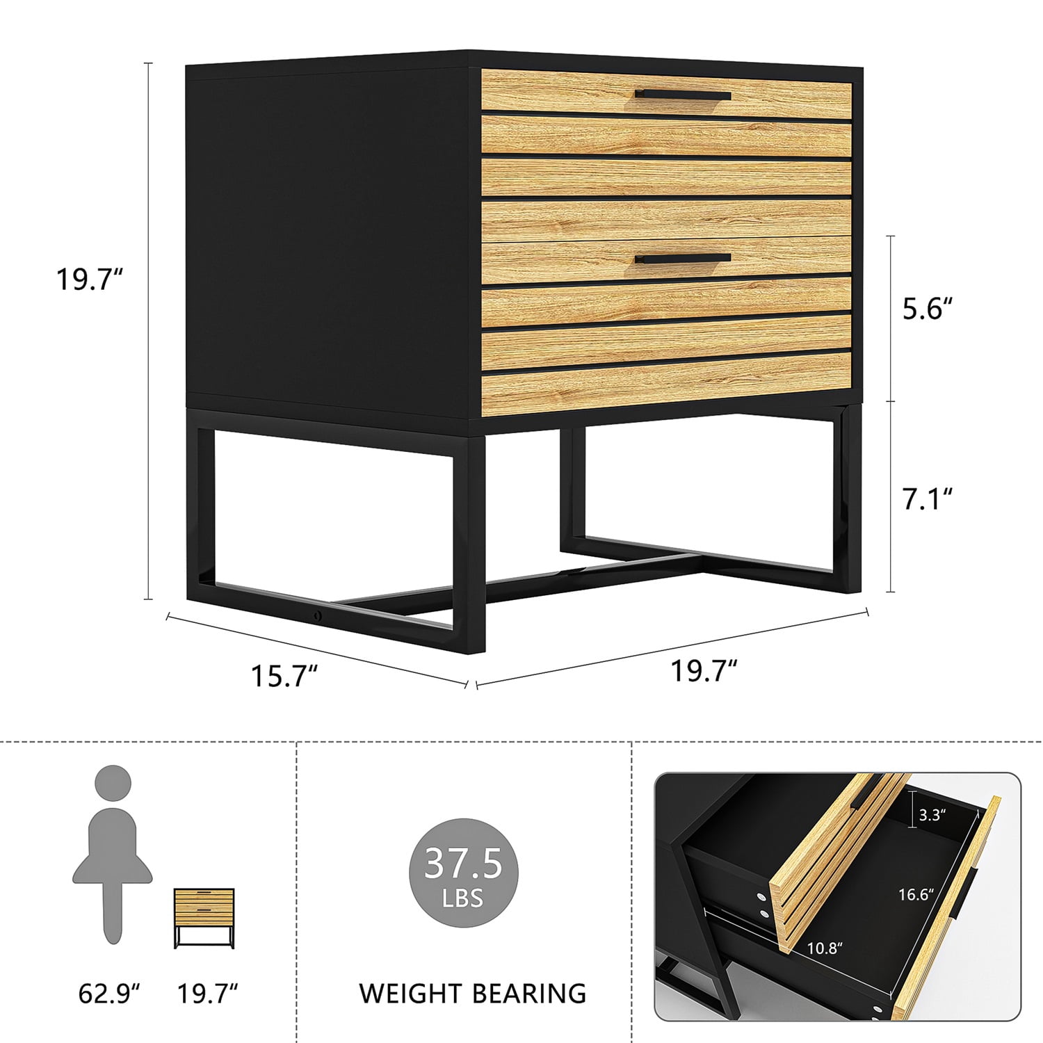 Hommoo 2 Tier Modern Nightstand, Wooden Bedside Table with Metal Leg, Night Stand Storage Cabinet, Black