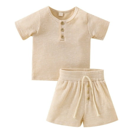 

REORIAFEE Toddler Girl 2 Piece Outfits Summer Toddler Baby Boys Girls Summer Ribbed Short Sleeve Button Top Shorts Two Piece Set Beige 2-3 Years