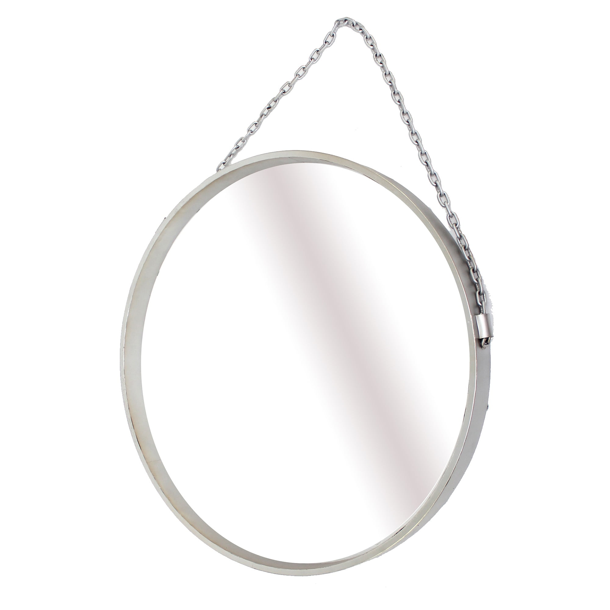 Modern Style Round Metal Wall Mirror with Hanging Chain, Silver