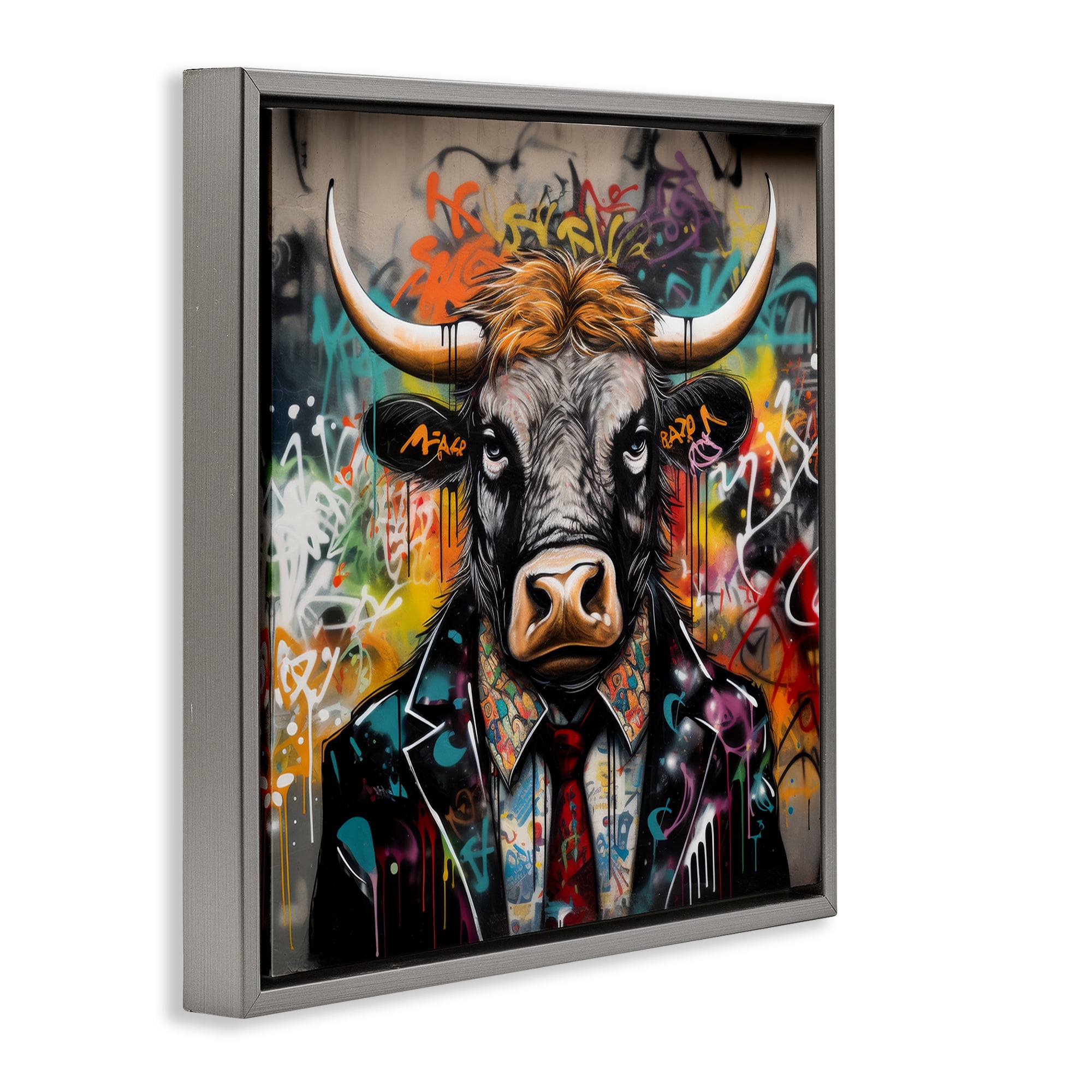 Stupell Industries Urban Graffiti Bull Animals & Insects Painting Gray Floater Framed Canvas Art Print Wall Art, 18 x 18