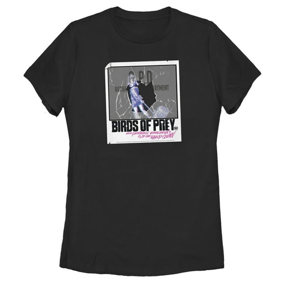 Women's Birds of Prey Harley Quinn Shattered Polaroid  Graphic Tee Black X Large
