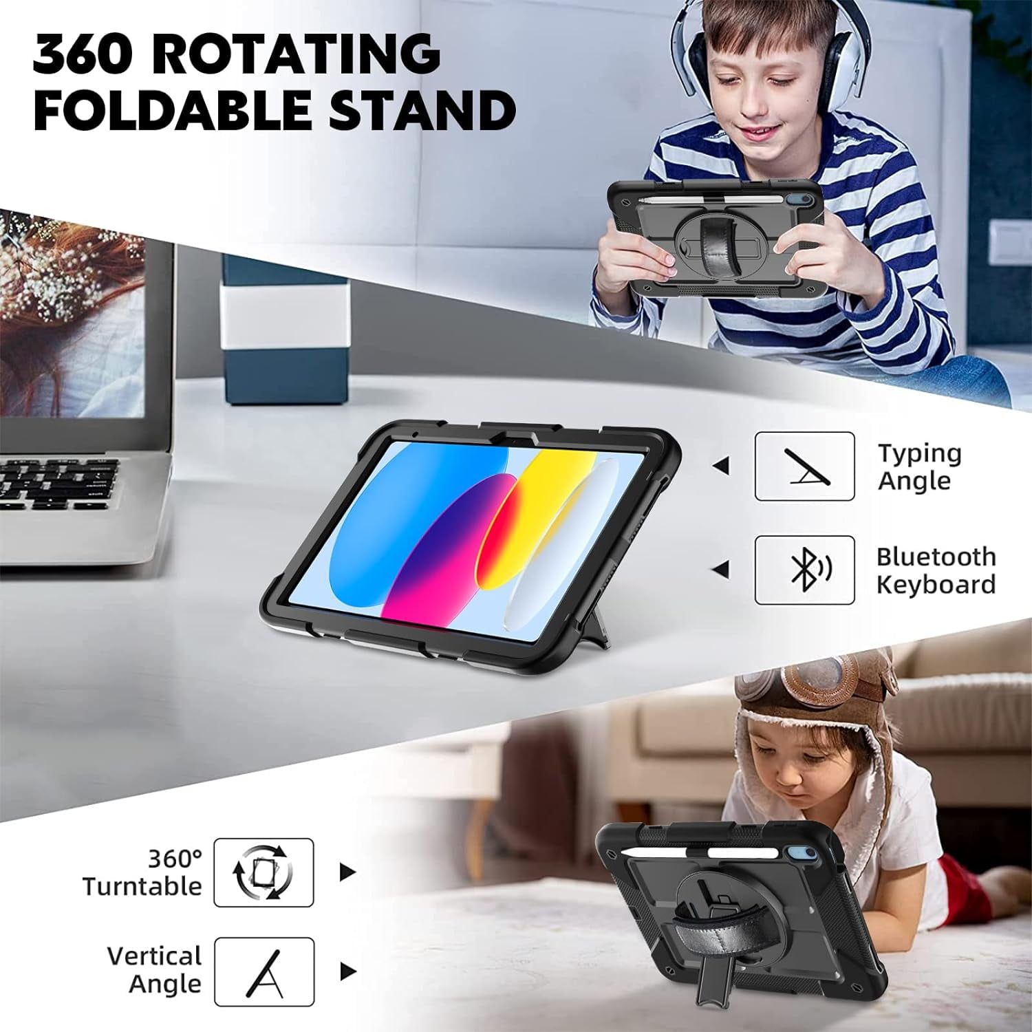 BMOUO Case for iPad (A16) 11th Generation 11" 2025/iPad 10th Generation 10.9 inch 2022, 360 Rotating Stand & Pencil Holder & Hand & Shoulder Strap Shockproof iPad 11th/10th Generation Case, Black