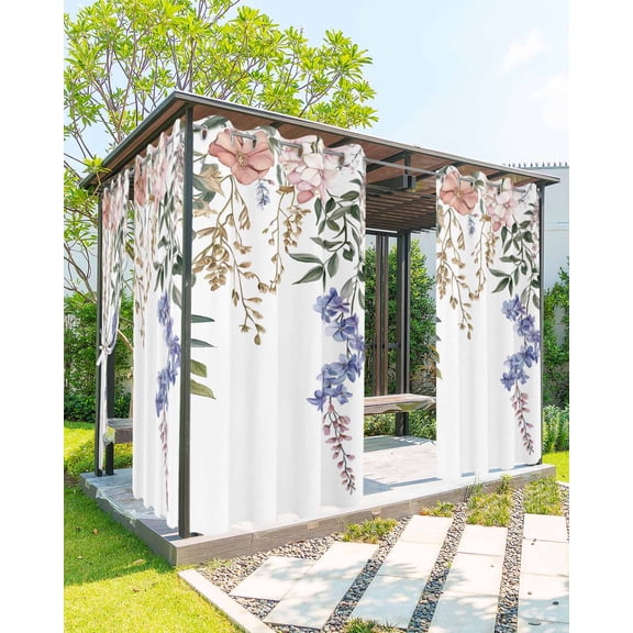 nqOlkjepod Outdoor Curtains for Patio Waterproof, Rustic Floral Leaves Outdoor Privacy Panels Grommet, Spring Watercolor Flowers Blackout Outside Curtains for Porch/Cabana/Pergola 54"x84", 2 Panels