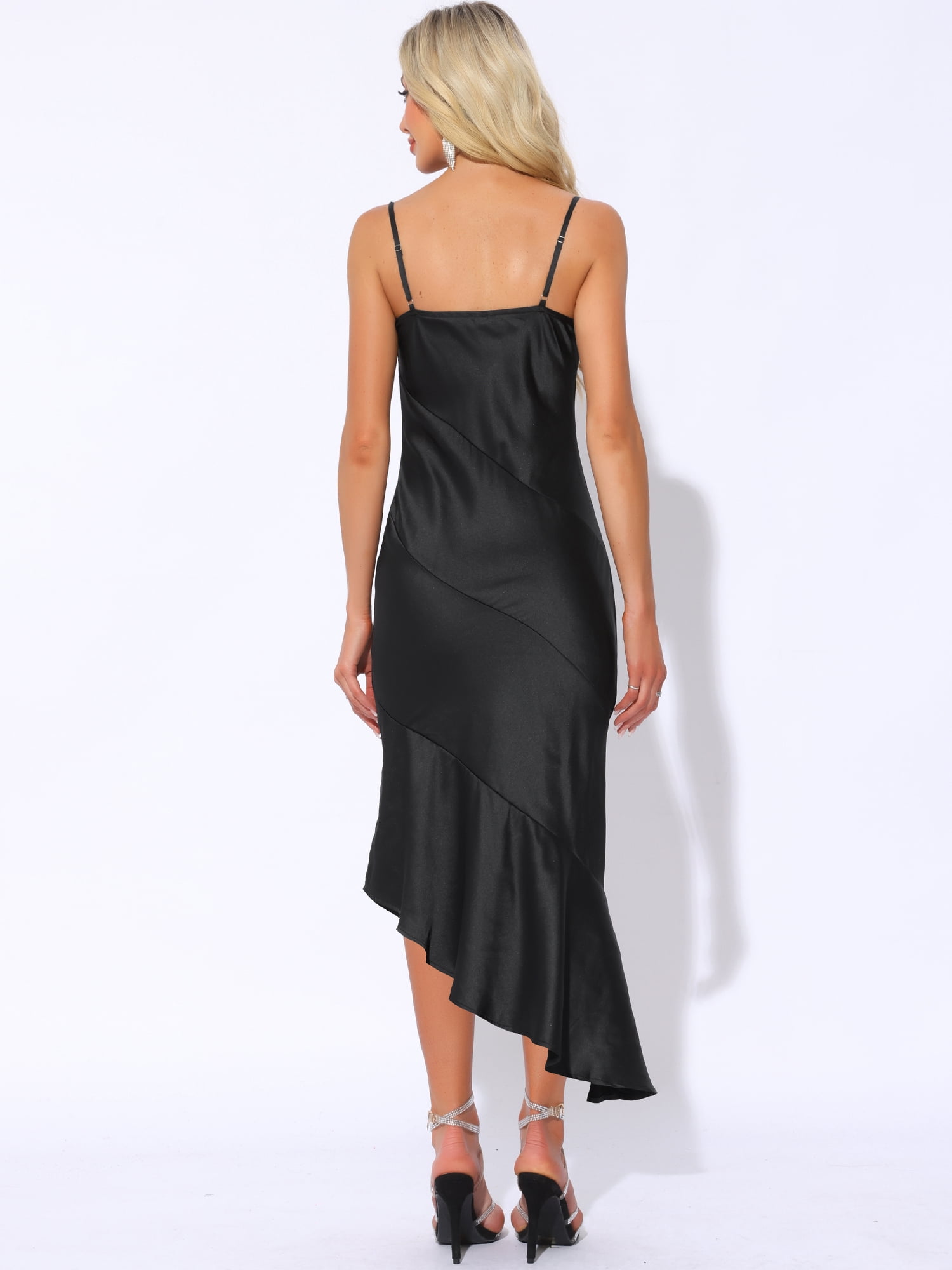 DARING DIVA Spaghetti Strap Satin Midi Sleeveless Cocktail Dress L Black