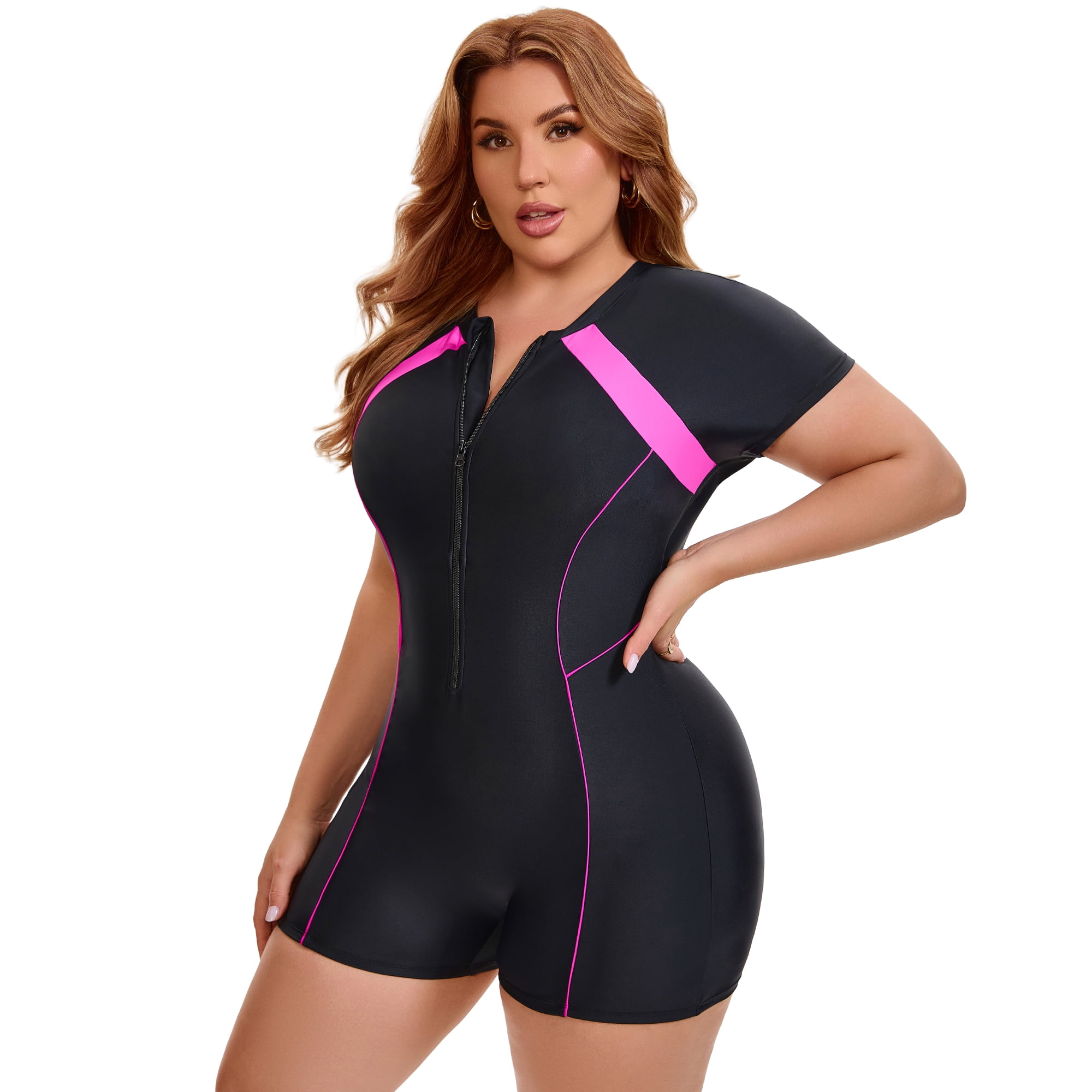 DARING DIVA Women's Plus 1 Piece Surfing with Short Swimwear 4X Black Fuchsia
