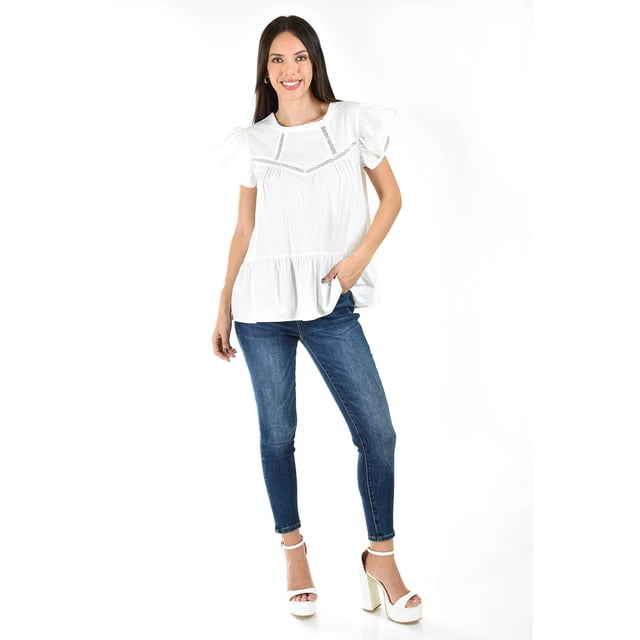 Blusa de popelina con encanje Roman Fashion /Juvenil, 12604 (Blanco) blanco CH