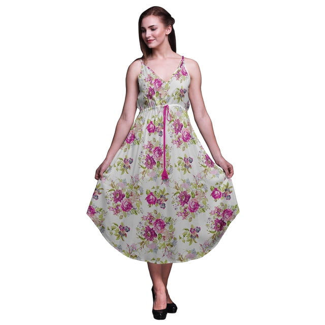 Bimba Floral Ladies Printed Resort Midi Drawstring Dress Spaghetti Strap Beach Wear-X-Small