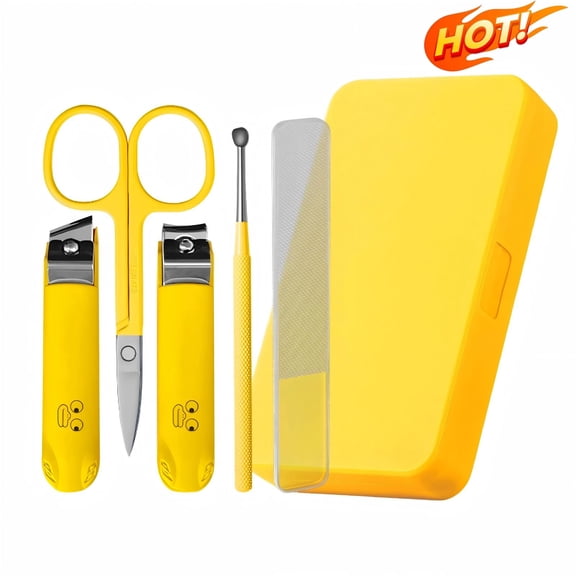 Stainless Steel Nail Clipper Manicure Set, Portable 5‑Piece Grooming Kit with Nail Scissors Nail File Cuticle Pusher Ear Pick, Travel Personal Care Tools with Storage Case for Men Women Family