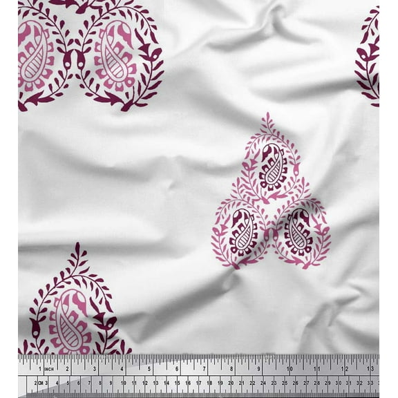 Soimoi Crepe Silk Fabric Leaves & Paisley Block Print Fabric by Yard 42 Inch Wide