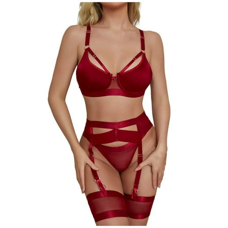 

Qcmgmg Bra and Panty Set for Women Solid Sexy Backless Babydoll with Garter Lace T-back Halter Lingerie Set 2XL