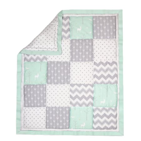 - The Peanut Shell Baby Crib Quilt - Mint Green and Grey Woodland and Geometric Patchwork - 100% Cotton Sateen Fabrics, 44 by 37 Inches