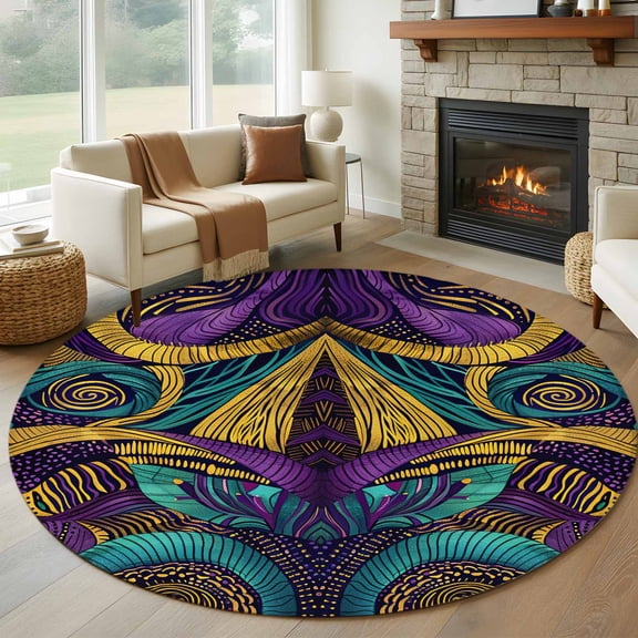 Round Rugs 6Ft, Yellow Purple Green Round Area Rug Washable Indoor Throw Carpet, Modern Abstract Art Geometric Soft Non Slip Circle Rug for Office Cabinet Home Decor Aesthetic