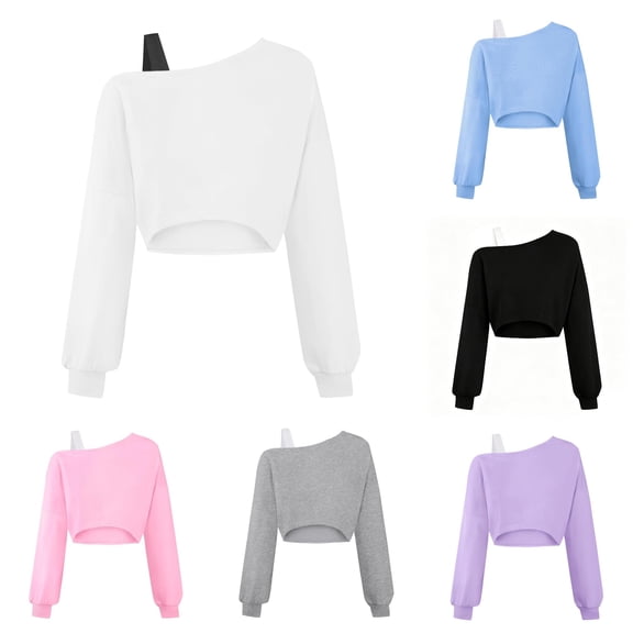 Zhanqunnn Girls Off Shoulder Sweatshirt Asymmetrical Long Sleeve Crop Top, Size 11-12 Years