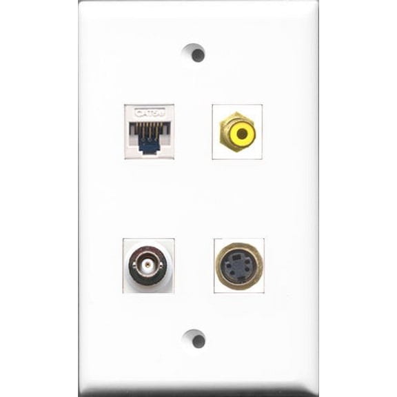 RiteAV 1 Port RCA Yellow and 1 Port S-Video and 1 Port BNC and 1 Port Cat5e Ethernet White Wall Plate