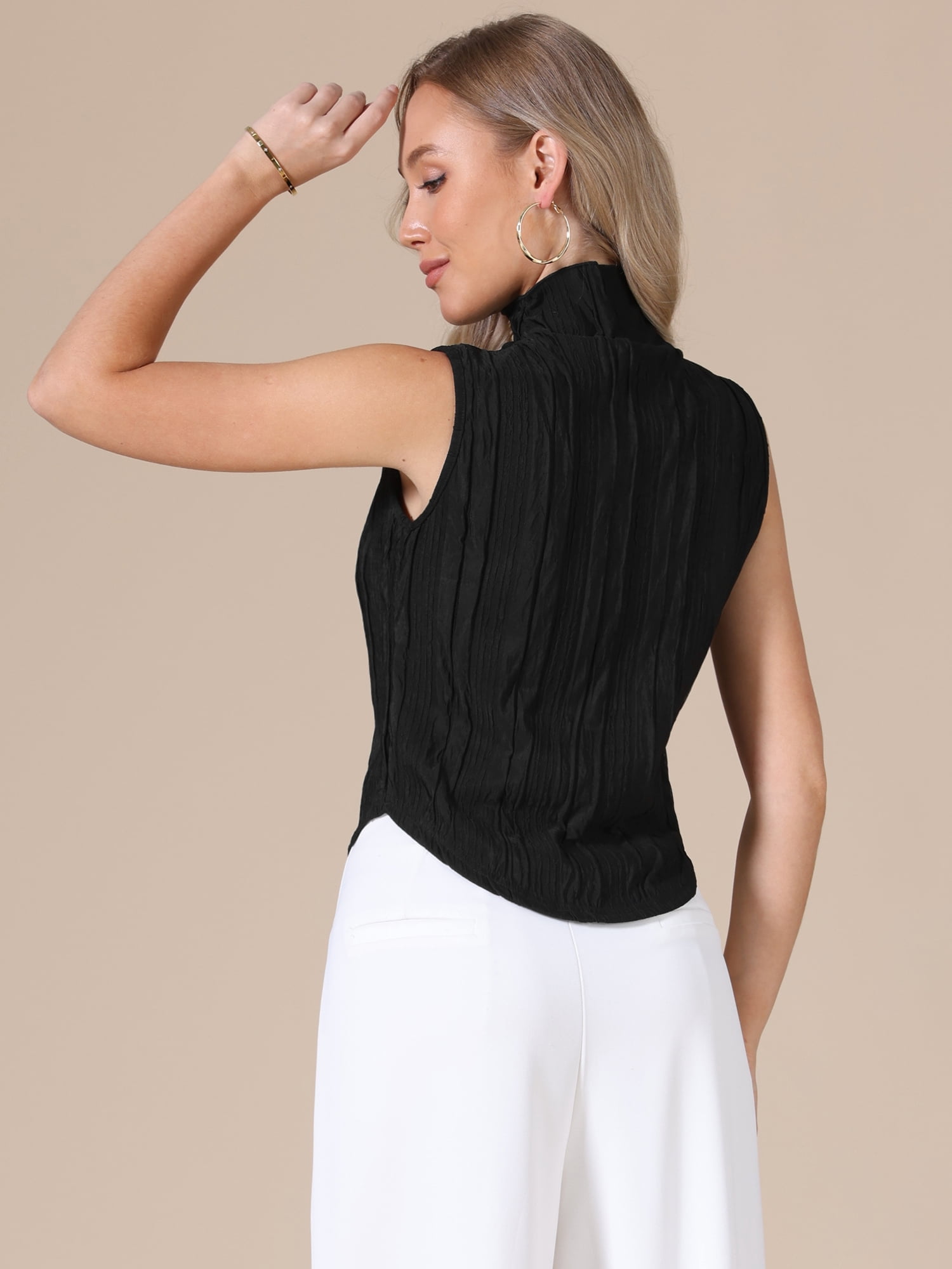 DARING DIVA Women's Sleeveless Mock Neck Tank Top Textured Business Blouse S Black