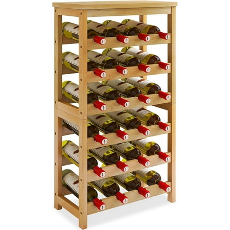 24 Bottles Floor Wine Rack with Tabletop 6 Tier Bamboo Wine Display Storage Shelves Wave Bars Freestanding Wine Bottle Organizer Shelf for Kitchen Pantry Cellar Natural