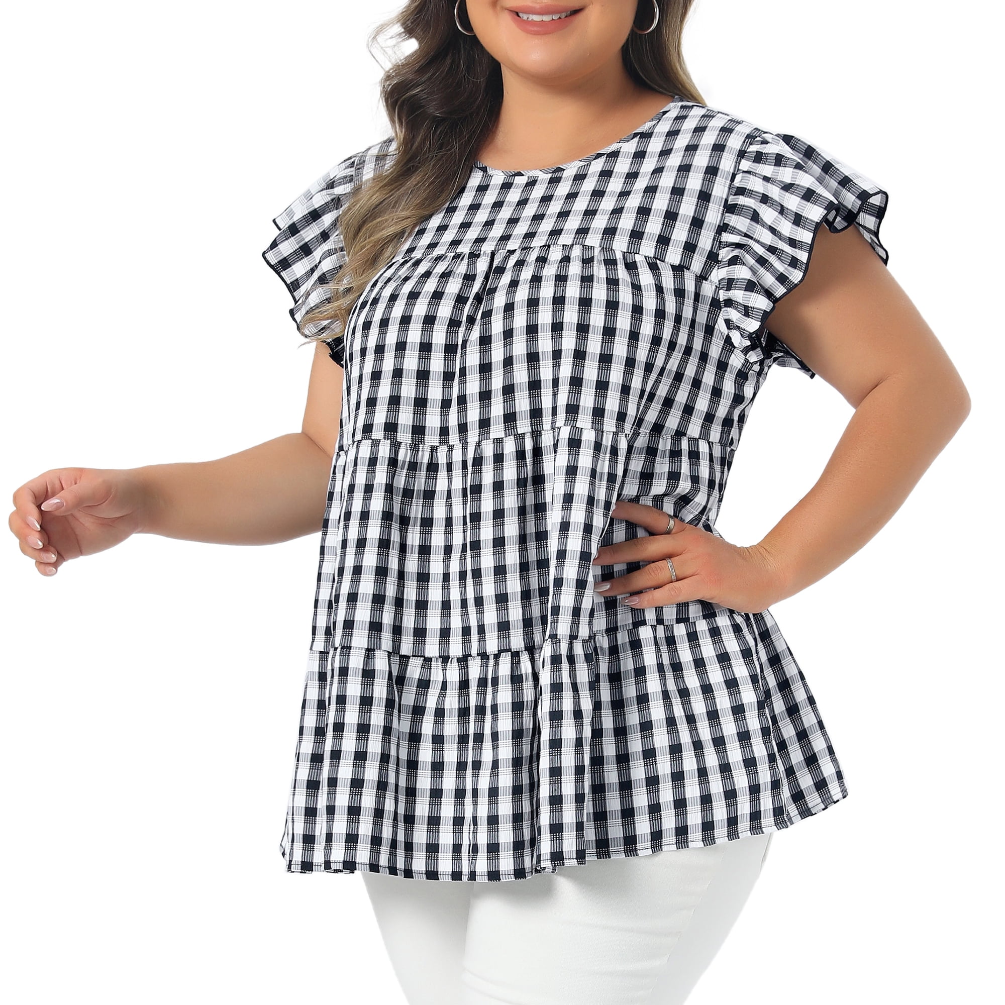 Women's Plus Women's Gingham Top 1950s Crew Neck Flare Short Sleeve Blouse 4X Black