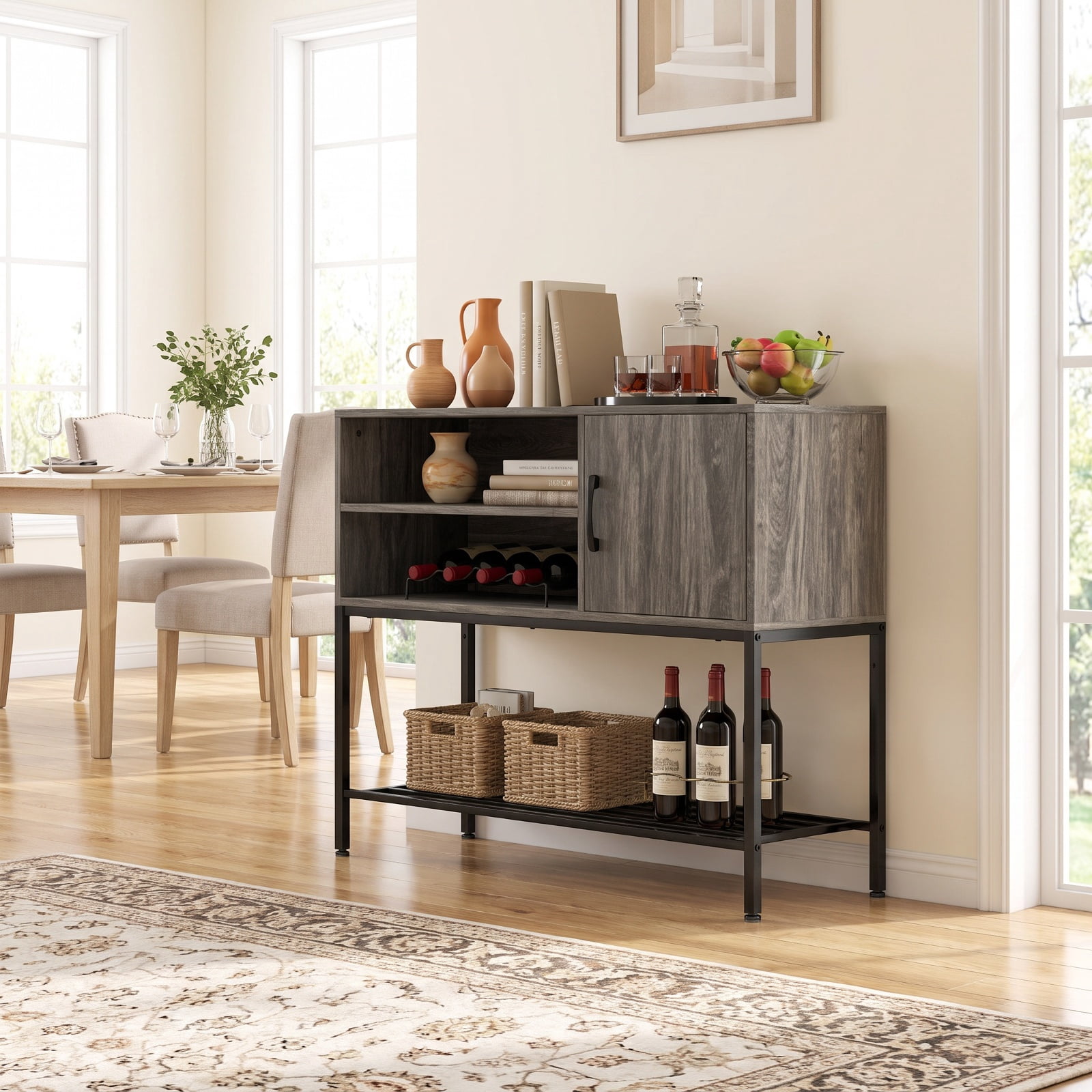 Furnibear Buffet Sideboard Coffee Bar Cabinet with Power Outlets and USB Ports for Kitchen Dining Living Room Buffet Storage Server, Gray