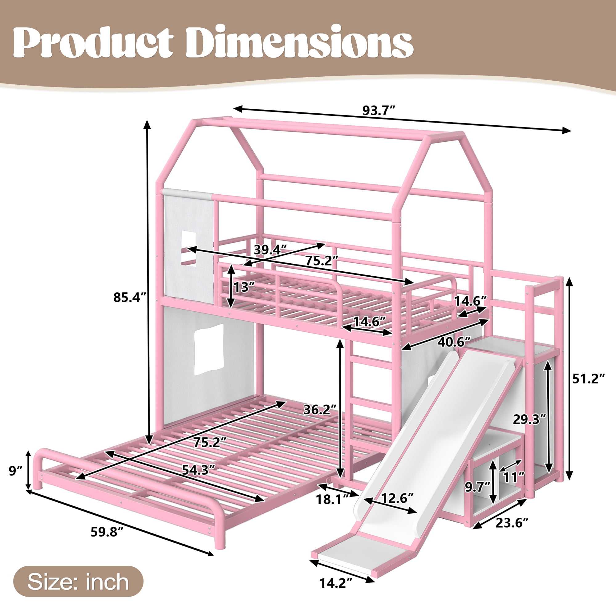 Leumius Twin over Full Playhouse Metal Bunk Bed with Slide & Ladder, House Shaped Bunk Bed with LED Light Strip, Privacy Curtain, Movable Storage Cabinet and Hanging Rod for Bedroom Pink