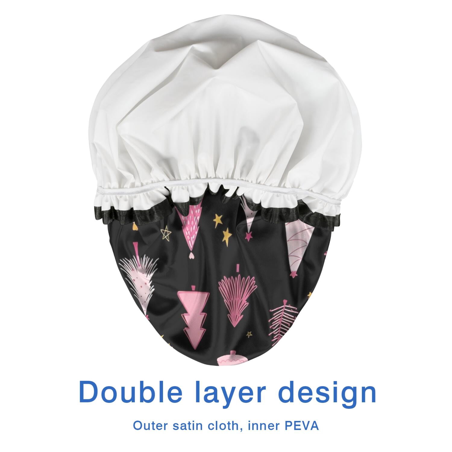 Shower Caps,Black and Pink Christmas Tree Pattern Waterproof Shower Cap for Women 4 Pieces,Double Reusable Hair Cover for Shower PEVA Elastic Stretch Hem