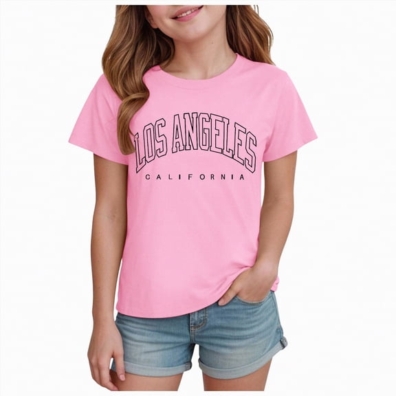 NOLDARES Girl's Graphic Crew Neck T Shirt Short Sleeve Casual Cute Tee Top(Pink,11-12 Years)