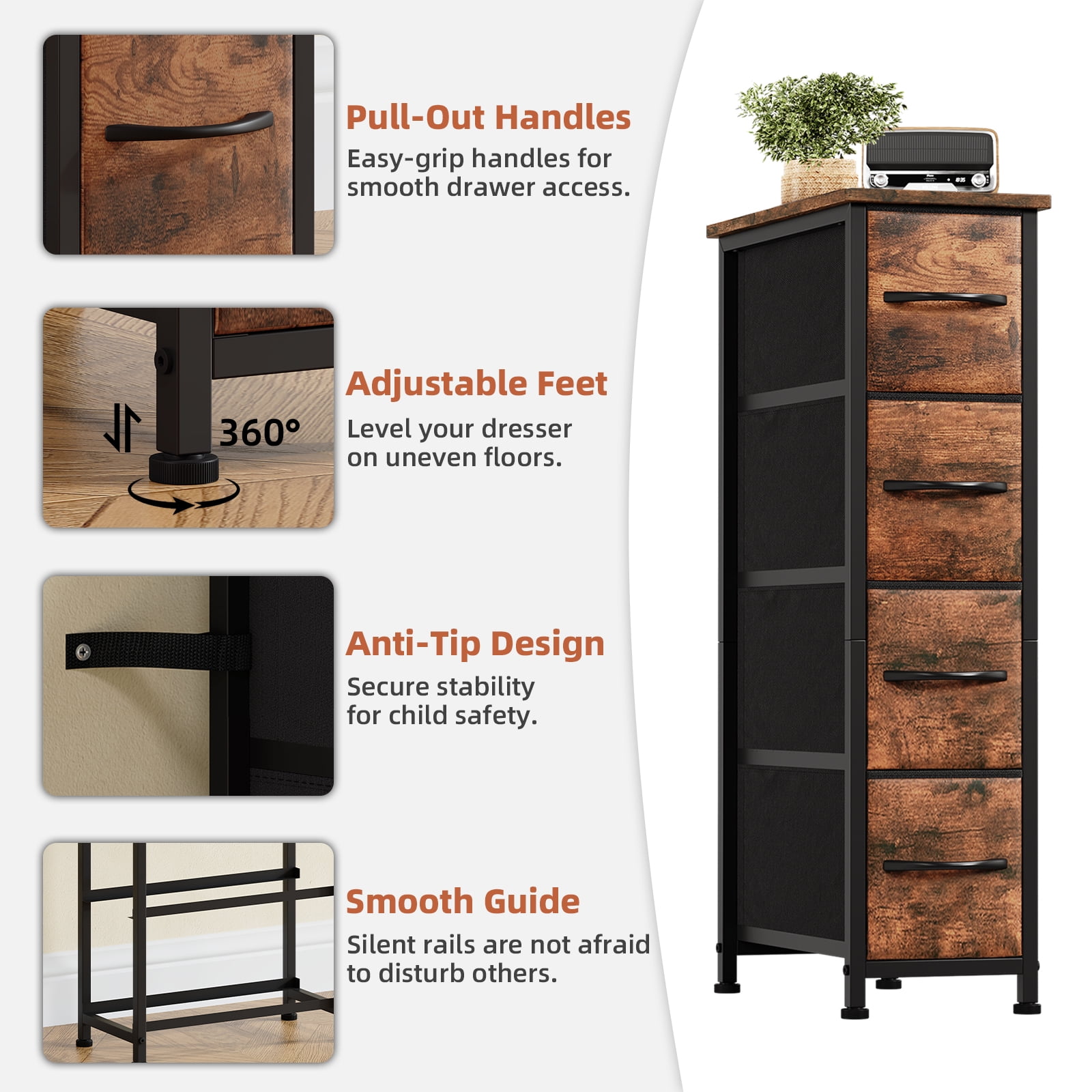 Eunos Narrow Dresser with 4 Slim Drawers for Bathroom Storage Cabinet Hallway, Wood Grain Print
