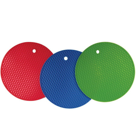 Better Kitchen Products, Set of 3, Large Silicone Pot Holders, Hot Pads, Trivets, 7 Inch, Blue, Lime Green &