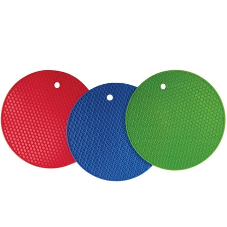 Better Kitchen Products, 3 Pack, Large Silicone Pot Holders, Hot Pads, Trivets, Blue, Lime Green & Red, 7
