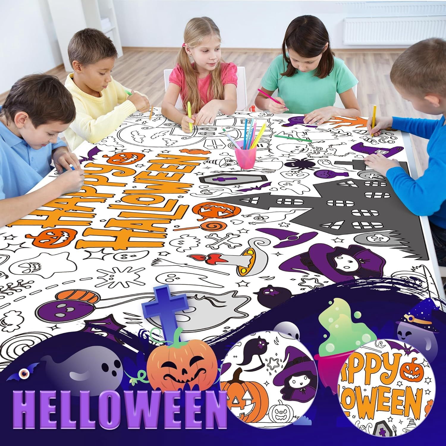Halloween Crafts for Kids, Giant Coloring Tablecloth/Poster, Halloween Party Decorations Favors Supplies for Kids Gifts Activities Games Toys Banner