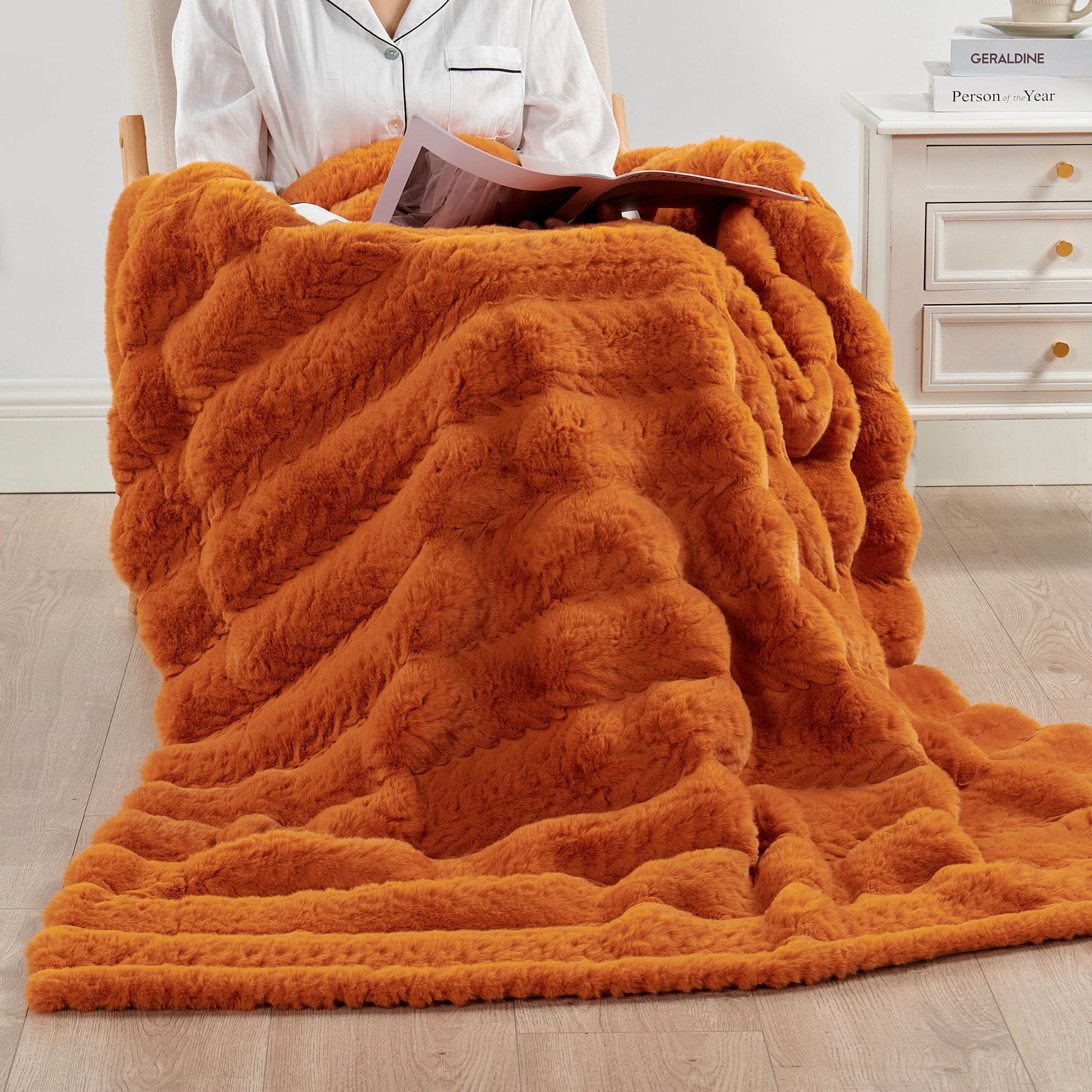 Home Soft Things Tread Pattern Faux Fur Throw Blanket with Micromink Back, Luxury Soft Cozy Plush Fluffy Fuzzy Reversible Thick Warm Throw Blanket, 50x60 inches, Burnt Orange