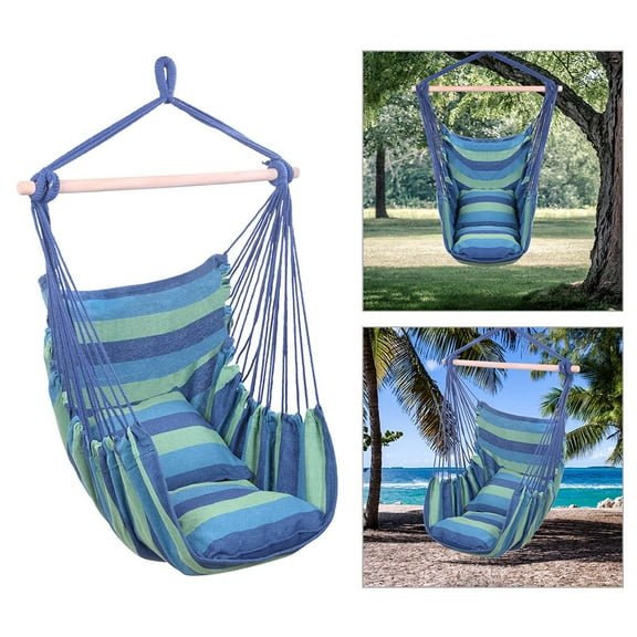 Hammock Chair Hanging Rope Swing, Max 250 Lbs, 2 Seat Cushions Included, Hanging Chair with Pocket, Quality Cotton Weave, for Indoor and Outdoor, Blue