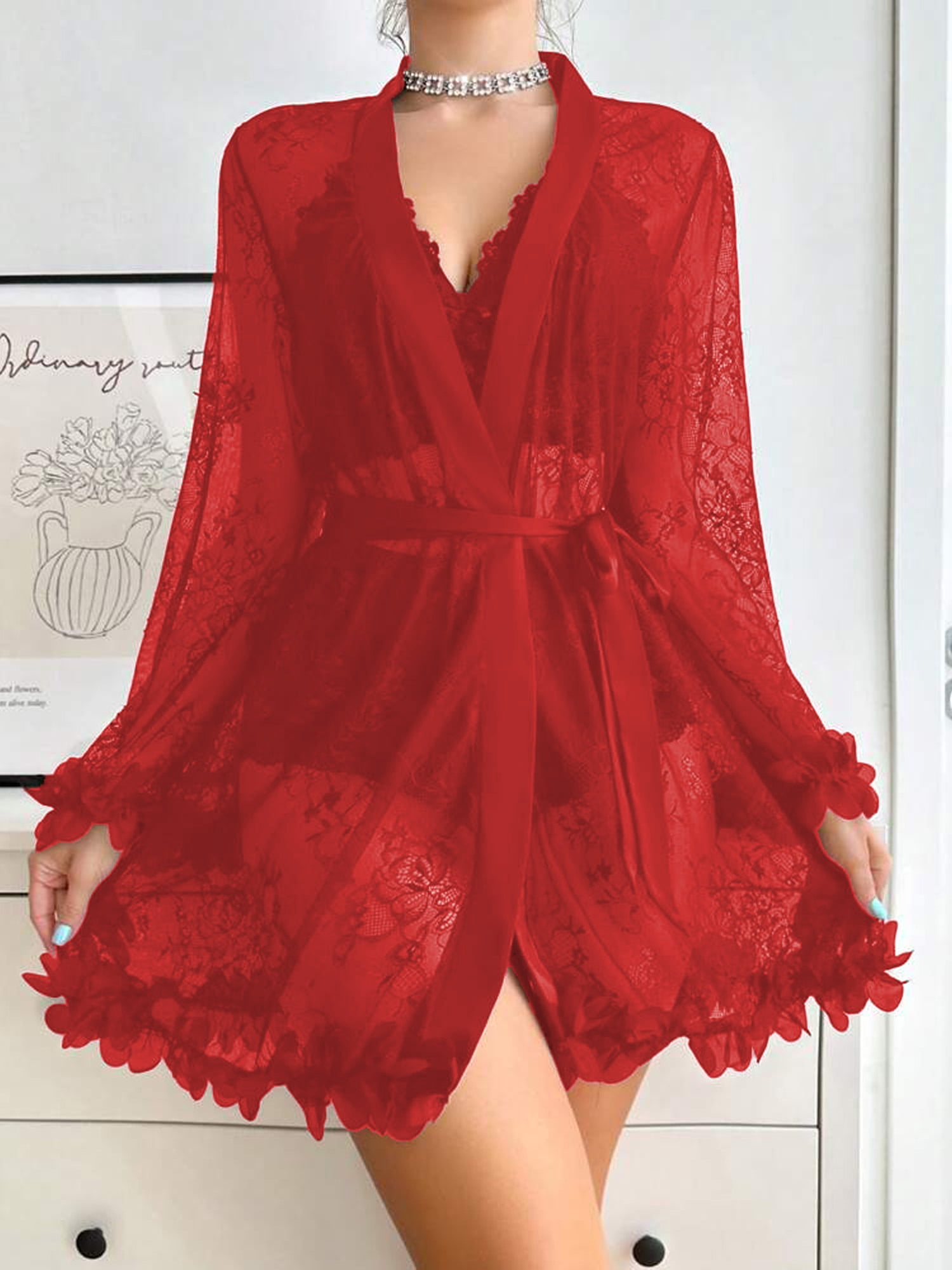 SHOWMALL Women Lingerie Sexy Babydoll Set Lace Chemise Nightgown, 3-Piece Lingerie with Robe Red L