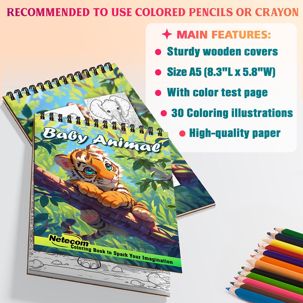 Netecom Baby Animal Coloring Book Spiral Bound for Adults, A5 Wooden Cover, 30 Cuddly Coloring Pages of Forest Animal for Stress Relief and Relaxation