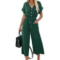 thumbnail image 2 of Franhais Women Cropped Jumpsuit, Short Sleeve V-neck Button Closure Waist Tie Solid Pants with Pockets, 2 of 9