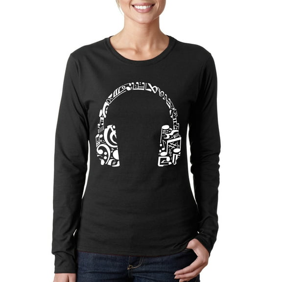 LA Pop Art Women's Word Art Long Sleeve T-Shirt - Music Note Headphones