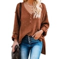 thumbnail image 1 of Asyoly Womens Button V Neck Henley Sweaters Long Sleeve Side Split Cable Knit Oversized Pullover Casual Loose Jumper Tops, 1 of 5