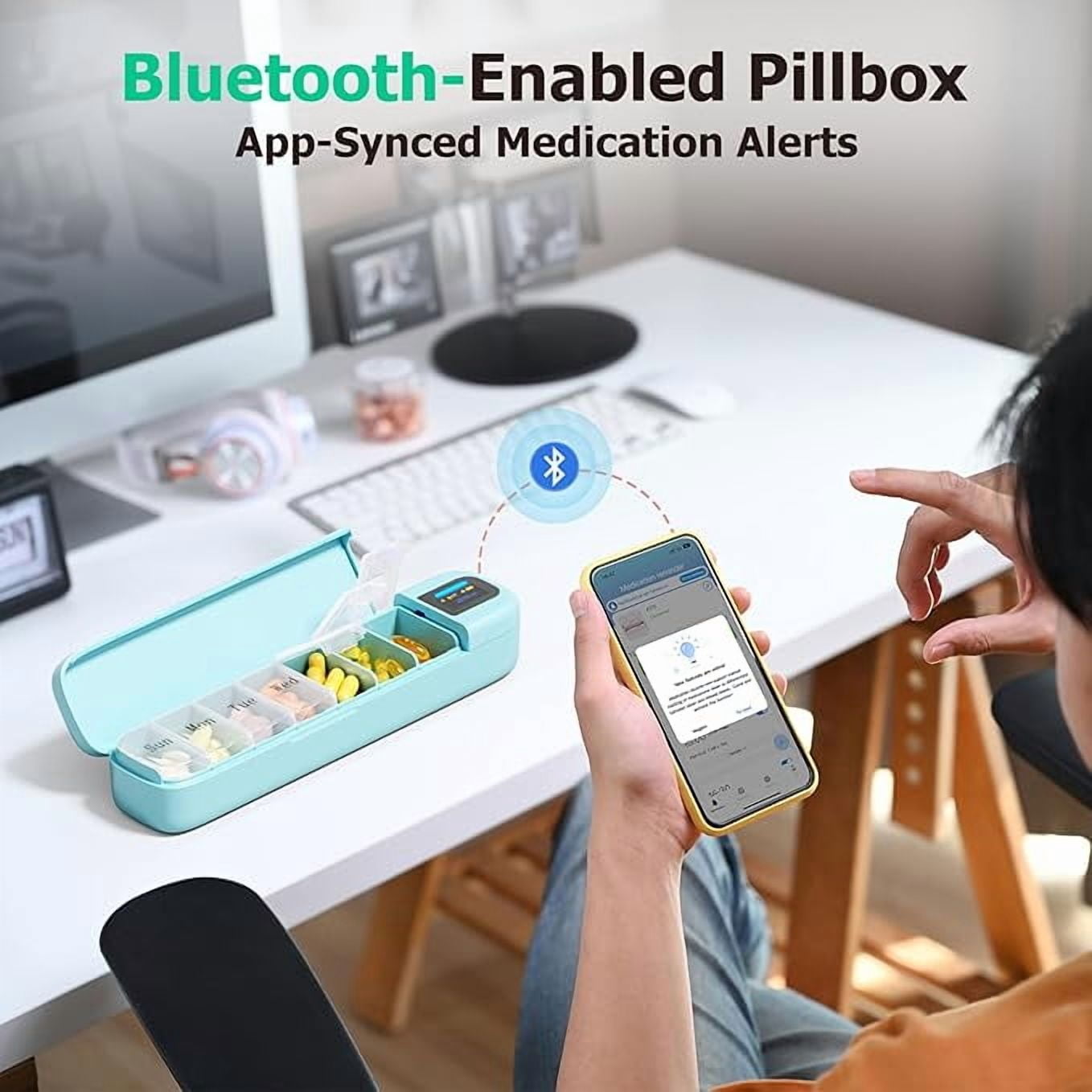 Smart Pill Organizer with Alarm, Bluetooth Daily Once a Day Pill Box 7 Day with APP, Weekly Travel Pill Case, Portable Pill Reminder for Medicines, Supplements and Vitamins(Green)