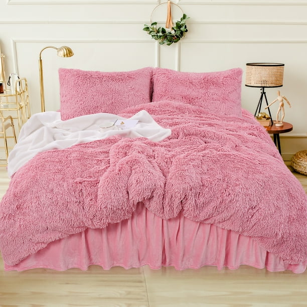 Piccocasa 4 Pieces Duvet Cover Set Plush Fluffy Quilt With Velvet Bedskirt Pink King Com - Plush Duvet Cover White