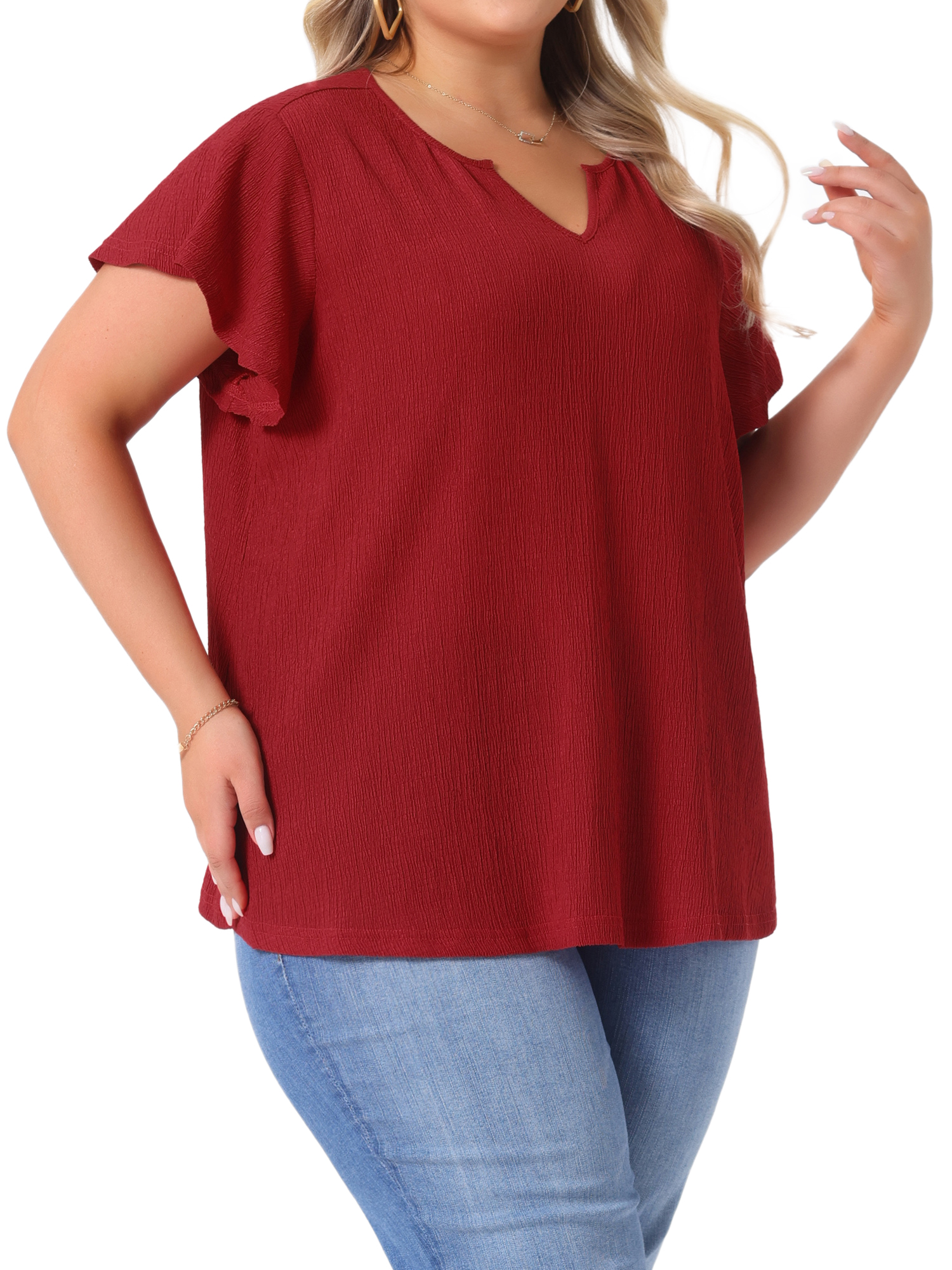 DARING DIVA Women's Plus Tops V Neck Ruffle T Shirt Blouses 2X Red