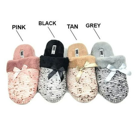

Women Slipper Faux Fur Knit Bow Design Soft Warm Footbed Comfortable House Shoes Pink S