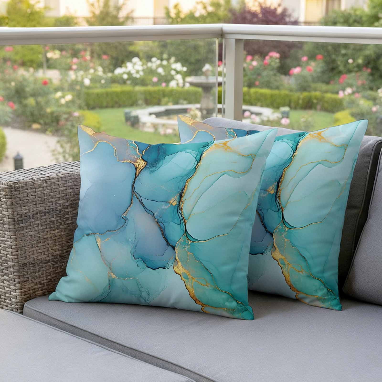 Waterproof Throw Pillow Covers 16x16 Set of 2, Ombre Aqua Green Blue Marble Outdoor Pillowcases with Invisible Zipper, Golden Vein Abstract Color Decorative Cushion Covers for Patio Garden Sofa Couch
