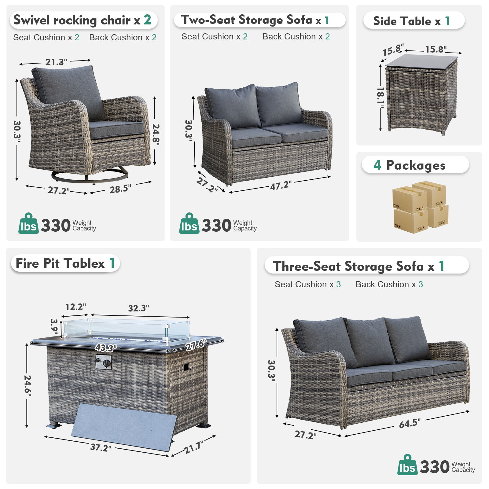 MEISSALIVVE 6 Pieces Patio Furniture Set with 43" Fire Pit Table, Wicker Patio Conversation Set with Swivel Rocking Chairs, Outdoor Patio Set for Lawn Backyard Porch (Grey)