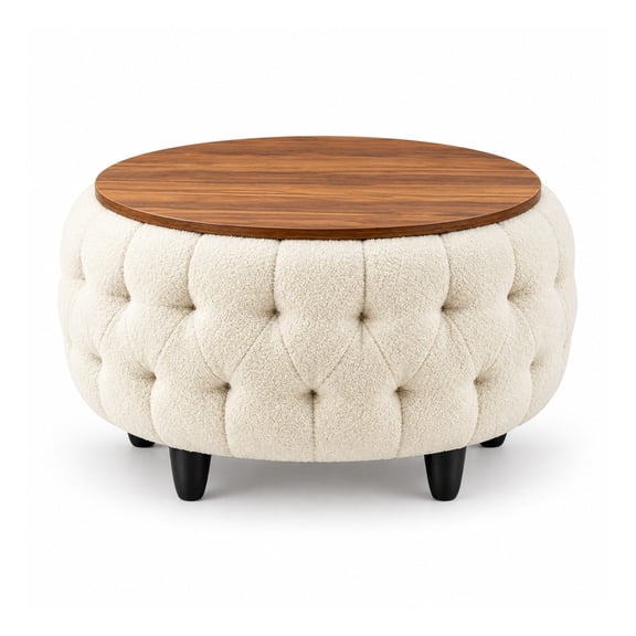 FXJ White 31.7-Inch Round Storage Ottoman Coffee Table, Teddy Fabric Footrest with Wooden Flip-Top Lid and 100-Liter Hidden Storage