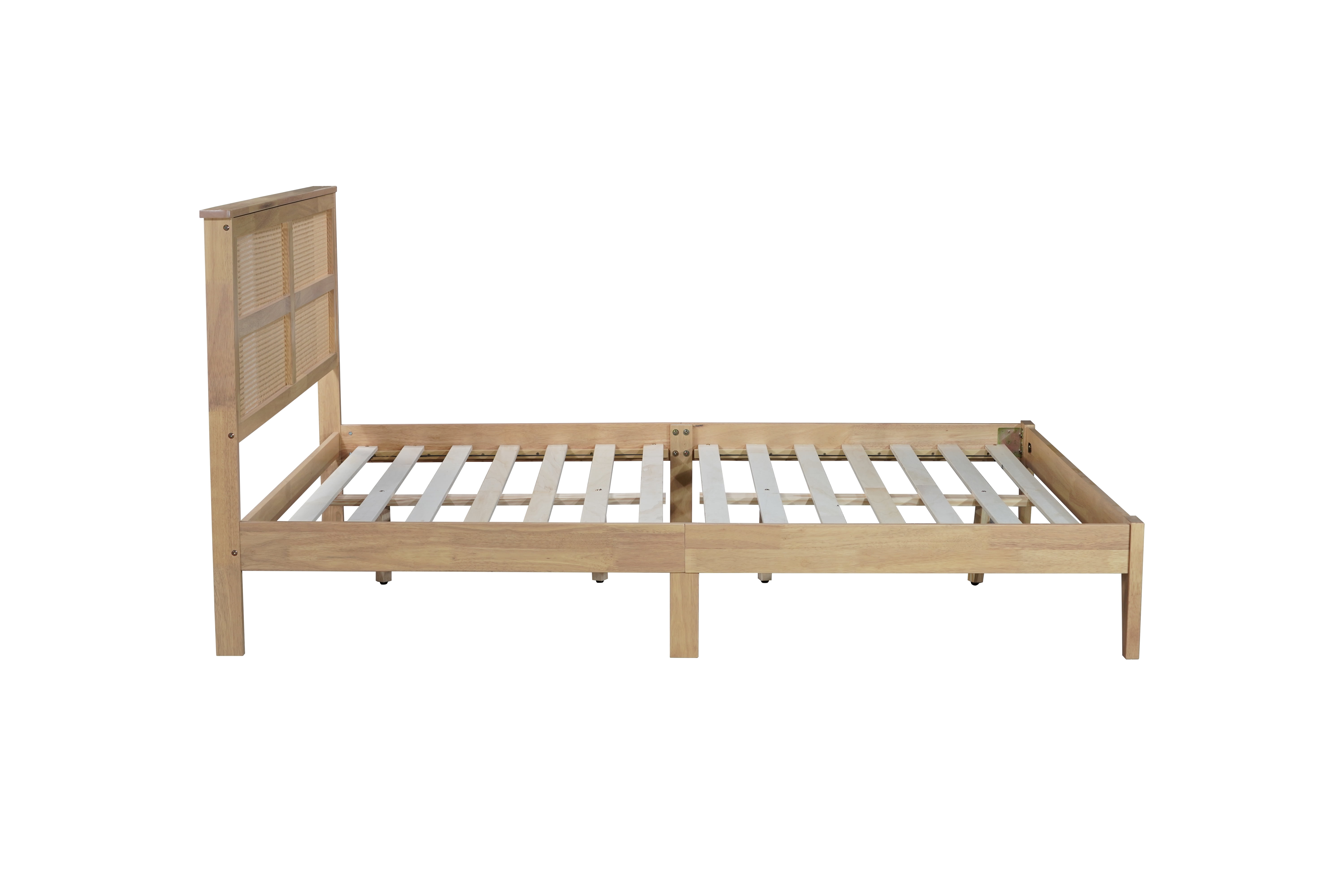 Queen Size Bed Frame with Rattan Headboard and Enhanced Support Slats,Simple Queen Bed Frame,Rubber Wood,84.7"x63.8"x40.8",No Drawers,Natural
