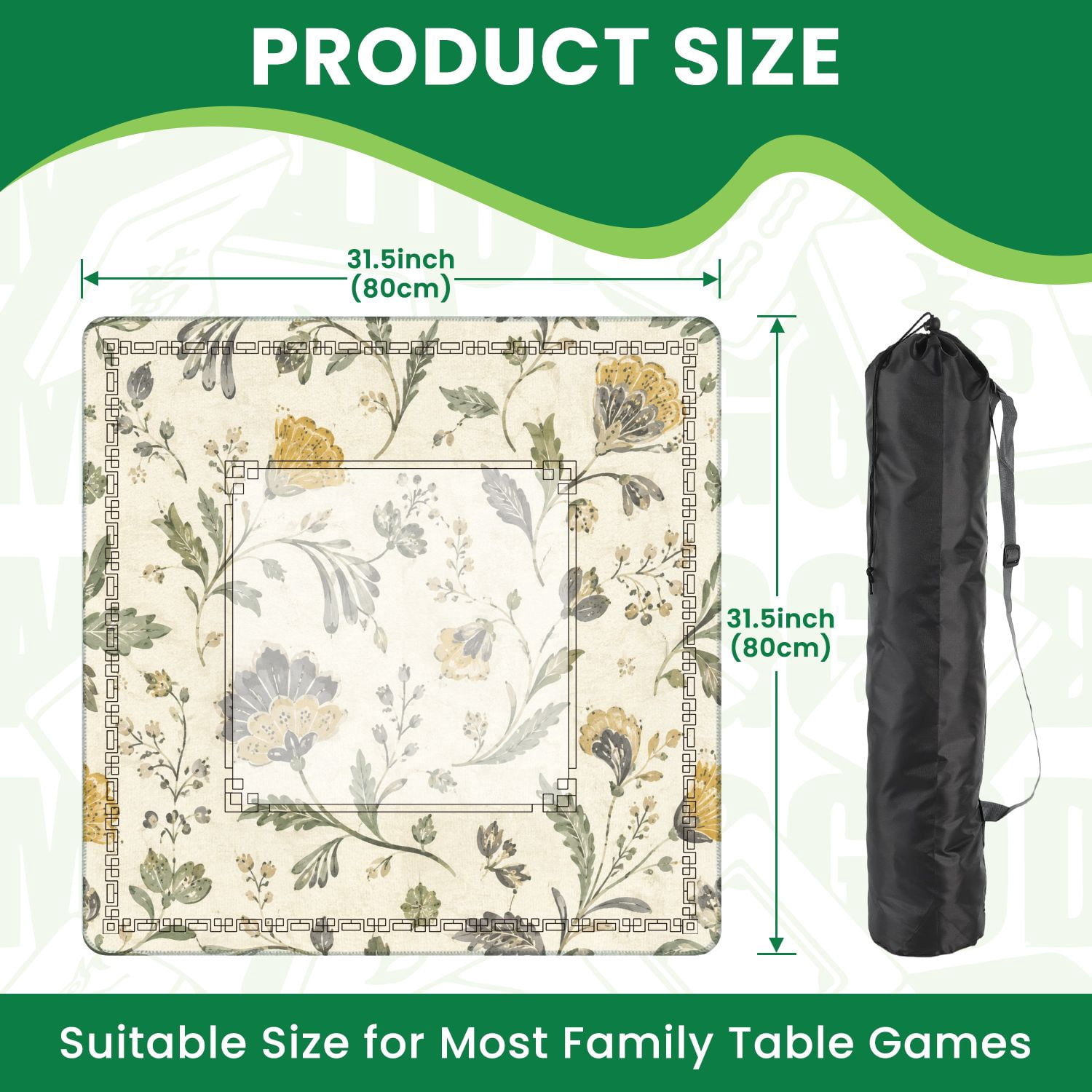 Mahjong Mat 31.5" x 31.5" Vintage Floral Botanical Soft Green Mustard Yellow Gray Watercolor Non-Slip Noise Reduction American Mahjong Tiles Table Cover for Dominoes Poker Card Board Games Gift