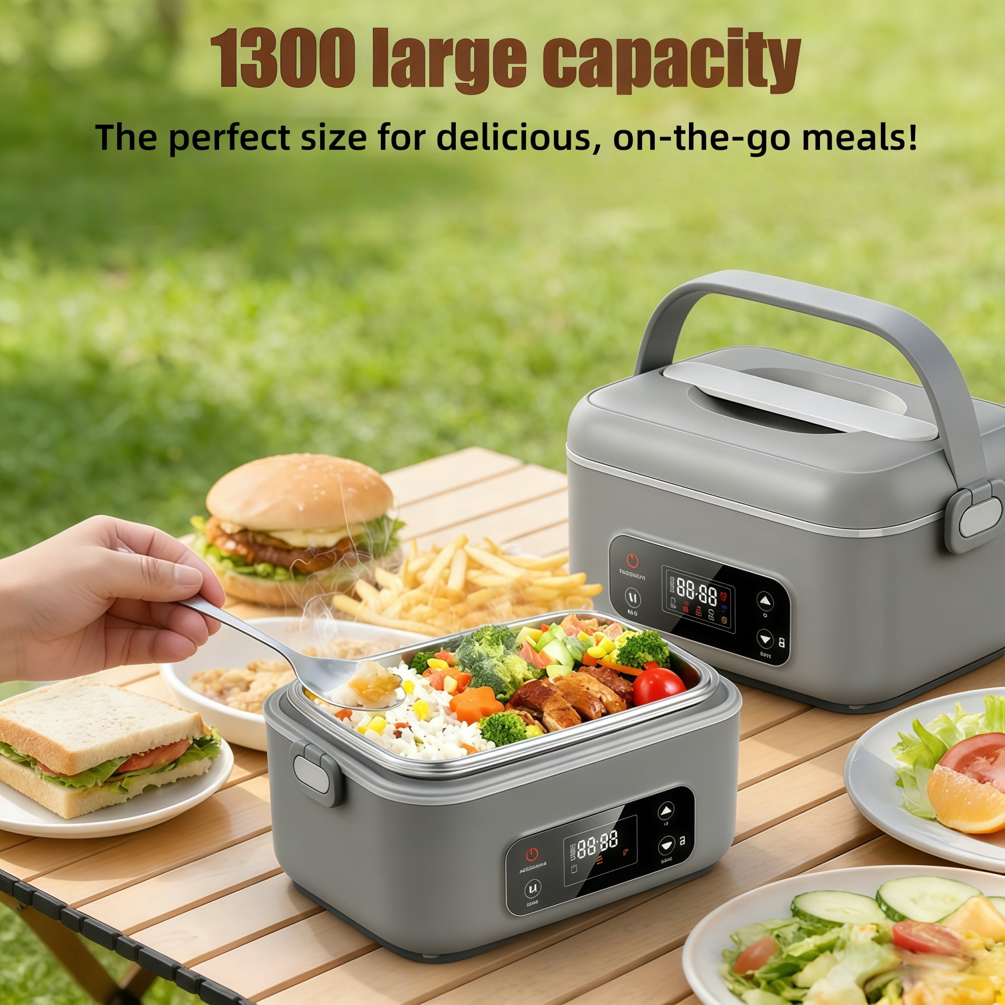 NPPNVV Advanced Cordless Heated Lunch Box for Adults, 5.5-Cup 100W Electric Lunch Box with 360° Surround Rapid Heating, 24000mAh Portable Food Warmer with Timer, LCD Display for Office, Car & Outdoor