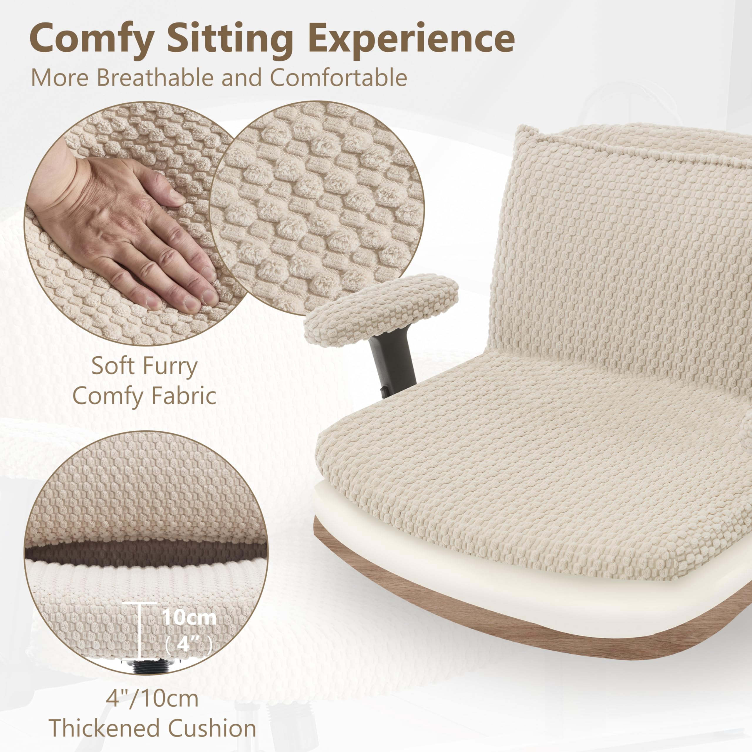 Nexthro Criss Cross Chair,Cross Legged Chair with Wheels and Arms,27" Wide Seat Office Desk Chair with Flipable Back Cushion,Mid Back Beige Swivel Chair for Home Office,Bedroom Vanity(Beige)